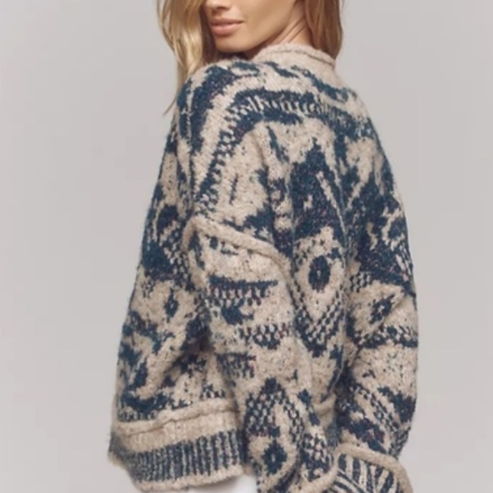 Pilcro Beige and Teal Patterned Crewneck Sweater - Picture 2 of 5